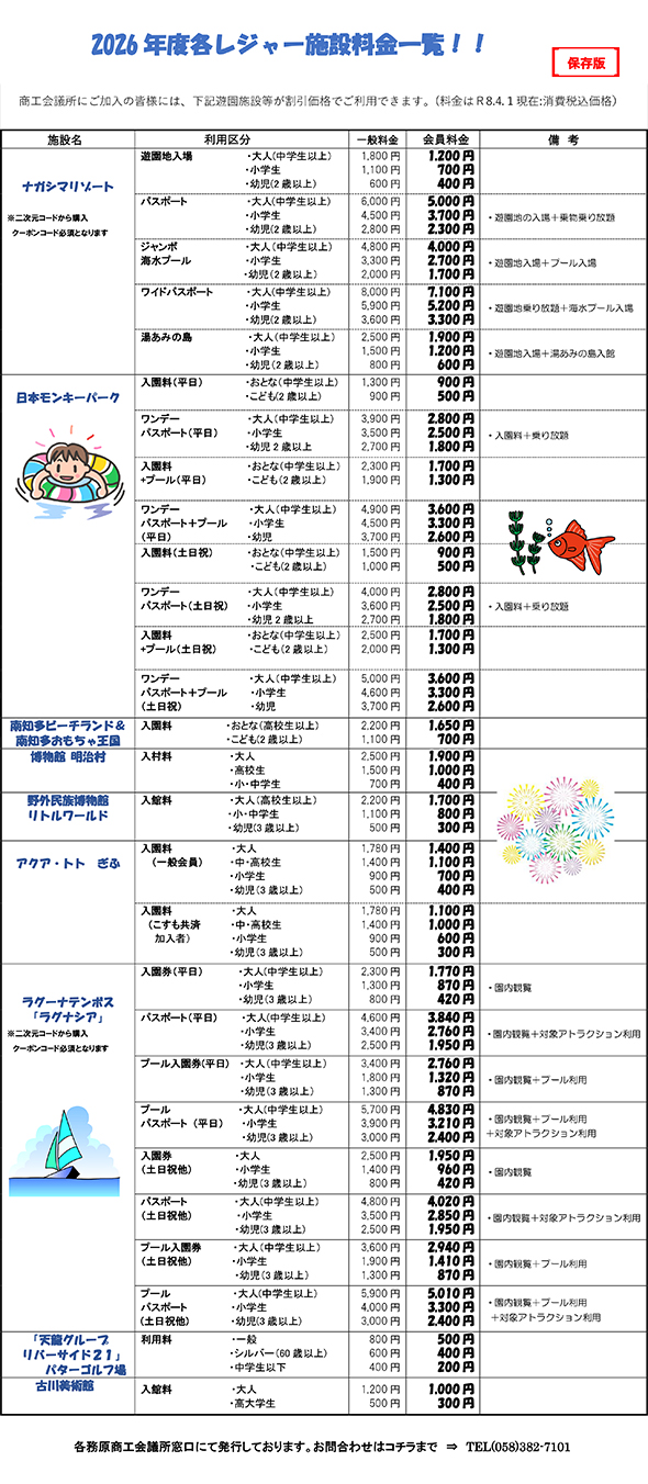 レジャー施設割引早見表